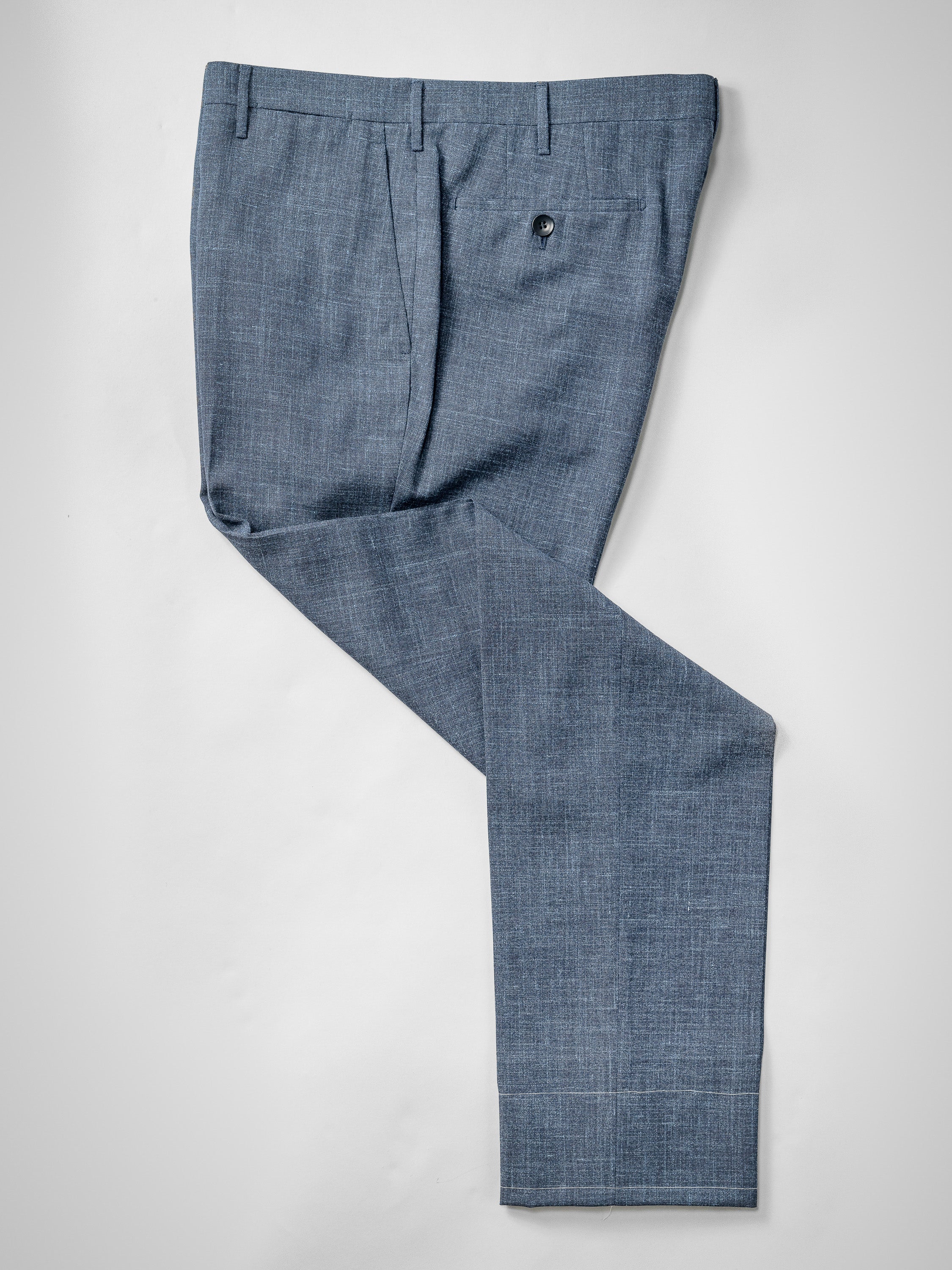 Dark blue wool silk linen trousers crafted with fabric by Loro Piana